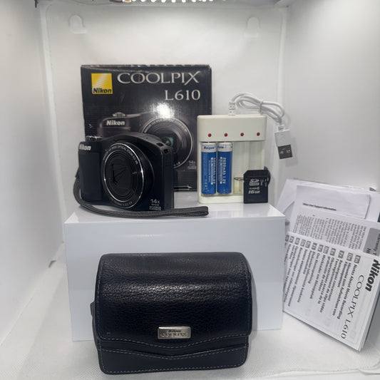 Nikon Coolpix L610 16MP Digital Camera Tested + Batteries Charger Case 16GB VGC