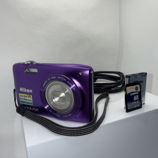 Digital Camera Nikon Coolpix S3300 16MP Purple Tested + Charger Battery 4GB SD