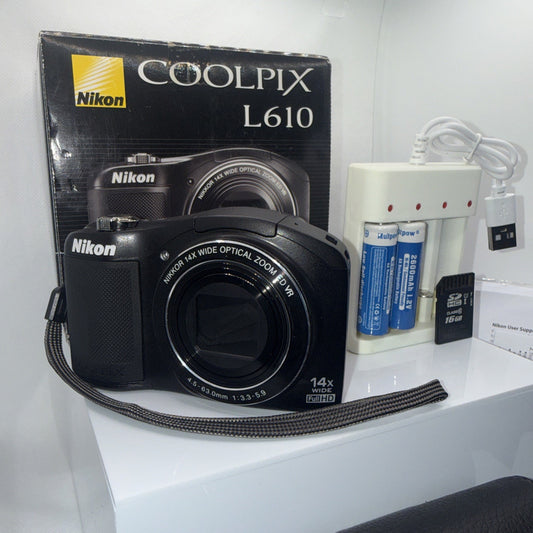 Nikon Coolpix L610 16MP Digital Camera Tested + Batteries Charger Case 16GB VGC