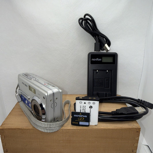 Y2K OLYMPUS FE-160 6MP Digital Camera Tested + Charger Battery XD Card & Cable