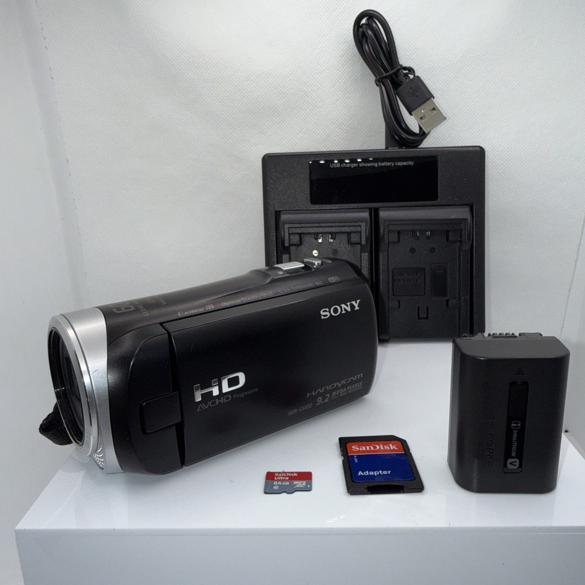 Sony Handycam HDR-CX450 9.2 MP HD Camcorder Tested + Battery Charger 64GB SD